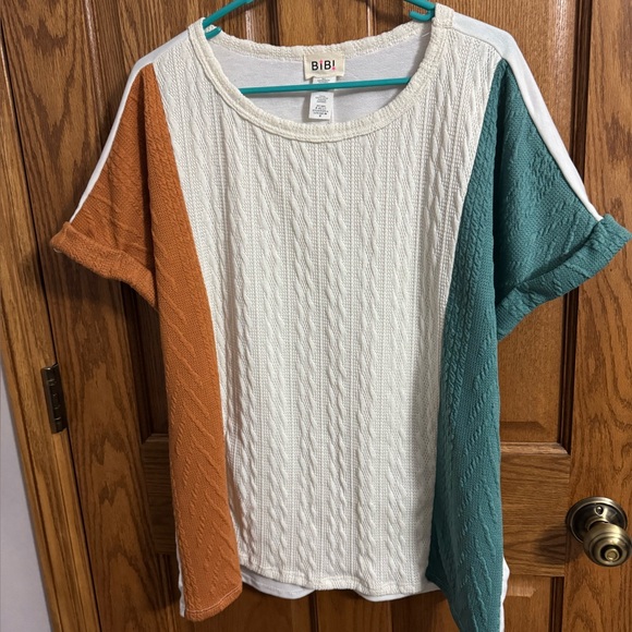 BiBi Cream Top with Blue and Orange Sleeves - Picture 1 of 3